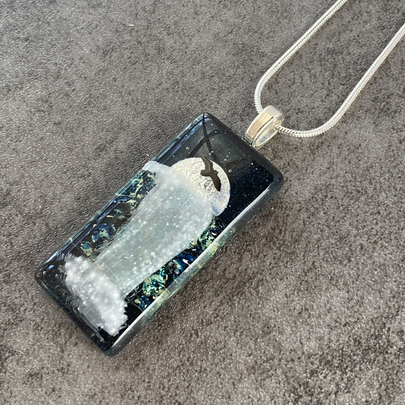Midnight Shimmer, Moonlit Waterfalls Fused Glass Necklace, navy blue, silver