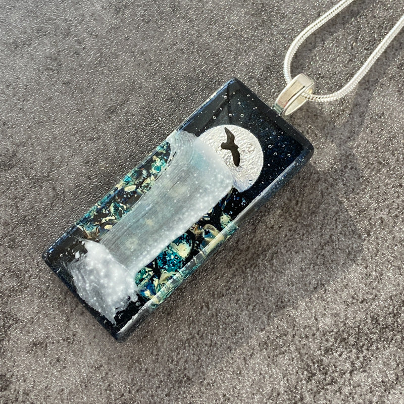 Moon River, Moonlit Waterfalls Fused Glass Necklace, navy blue, silver