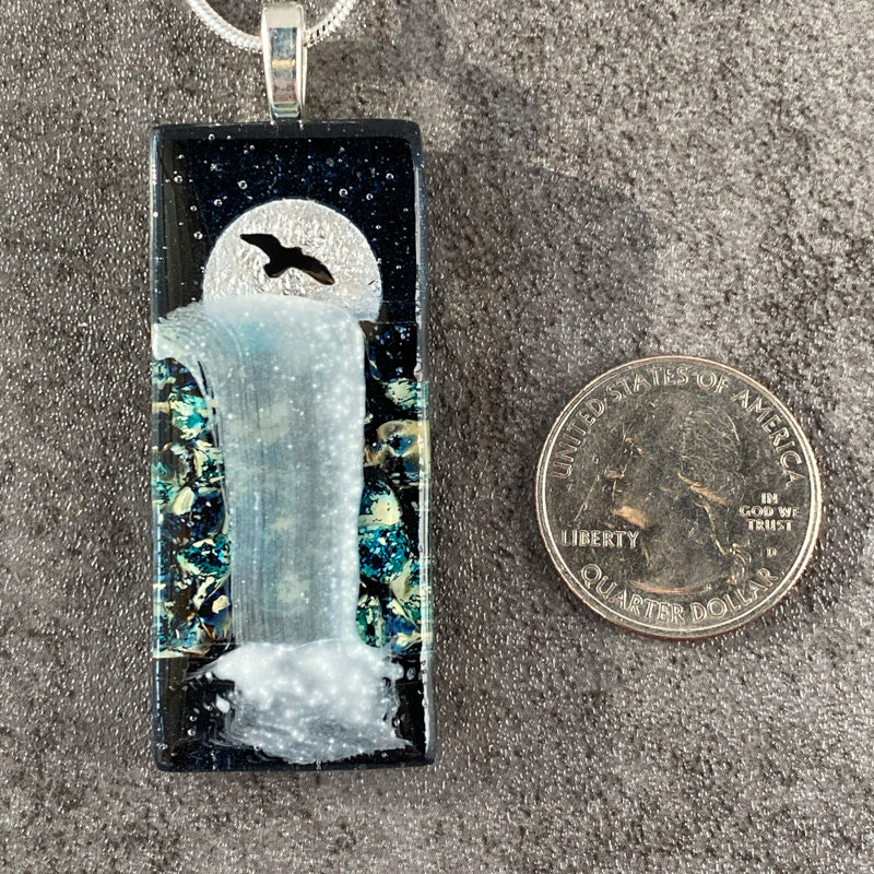 Moon River, Moonlit Waterfalls Fused Glass Necklace, navy blue, silver