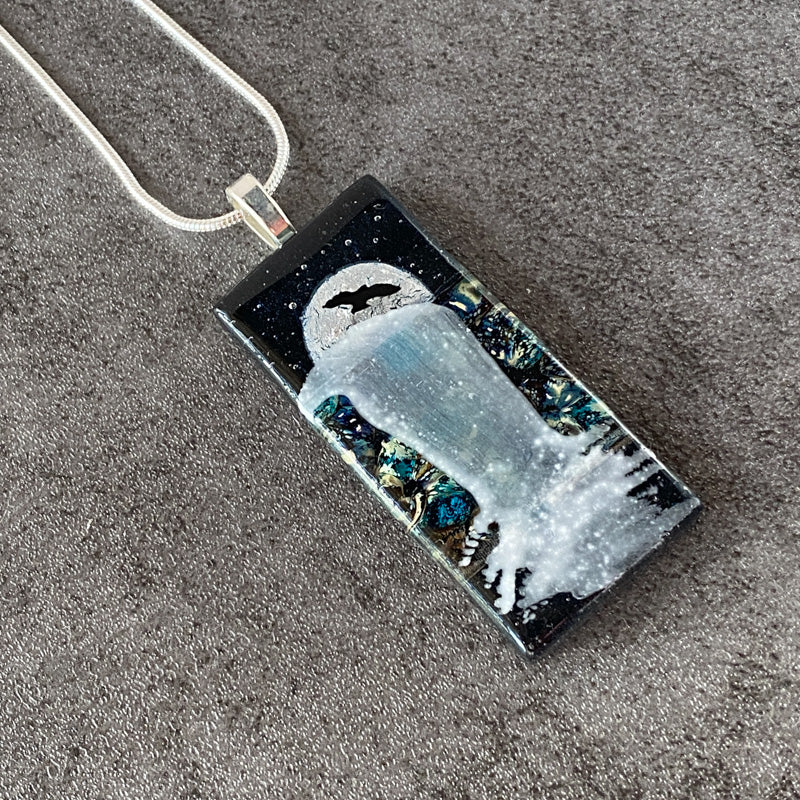 Moonscape Shine, Moonlit Waterfalls Fused Glass Necklace, navy blue, silver