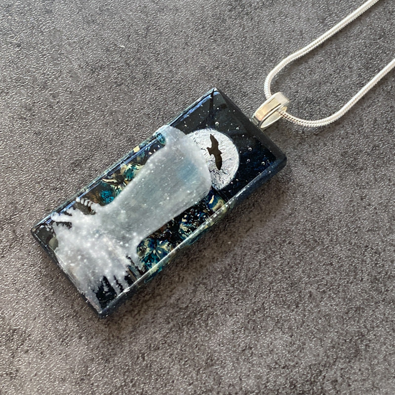 Moonscape Shine, Moonlit Waterfalls Fused Glass Necklace, navy blue, silver
