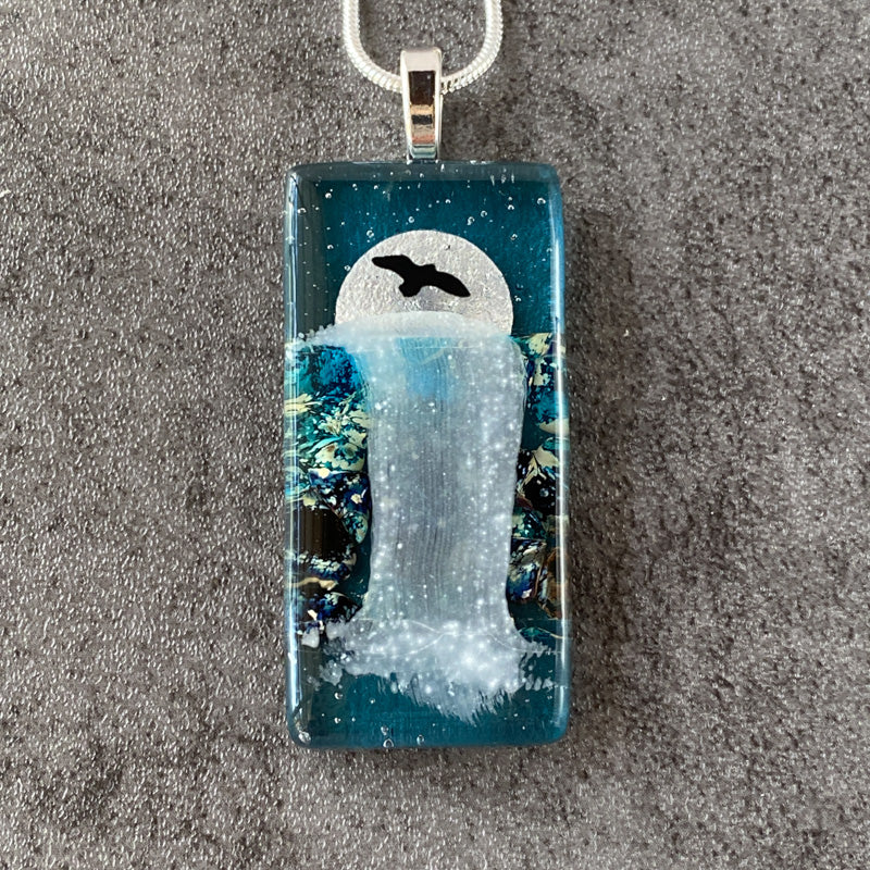 Moonlight Sonata, Moonlit Waterfalls Fused Glass Necklace, aqua blue, silver