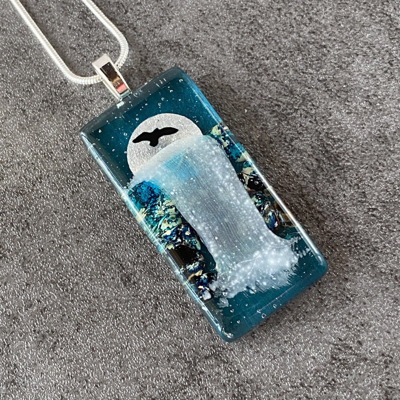 Moonlight Sonata, Moonlit Waterfalls Fused Glass Necklace, aqua blue, silver