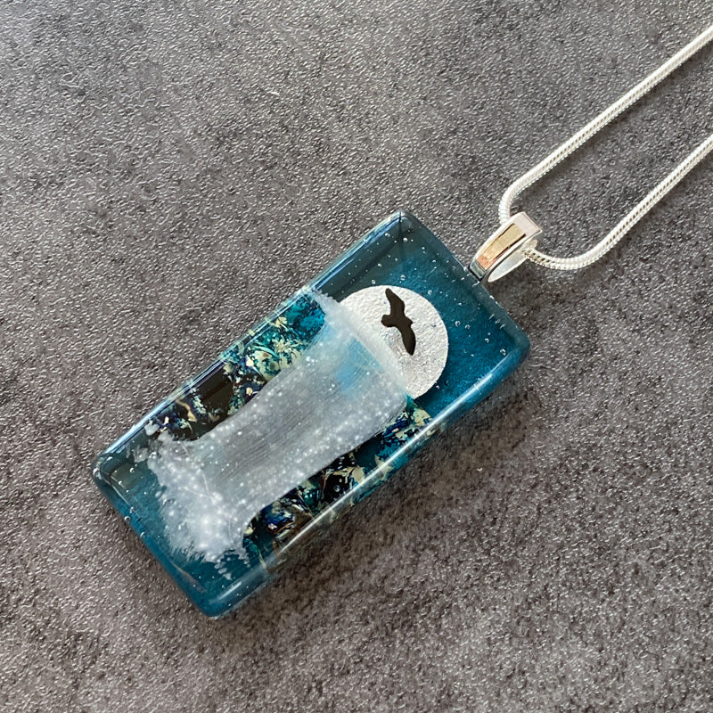 Moonlight Sonata, Moonlit Waterfalls Fused Glass Necklace, aqua blue, silver