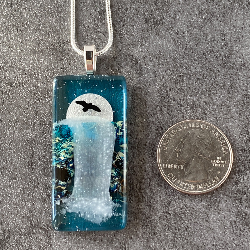 Moonlight Sonata, Moonlit Waterfalls Fused Glass Necklace, aqua blue, silver