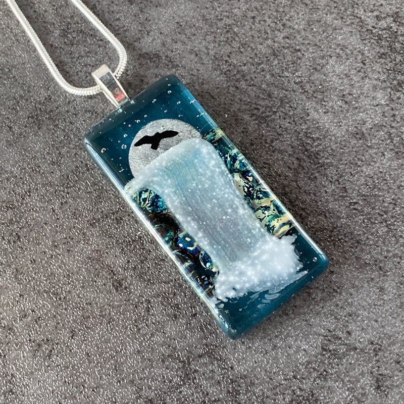 Moon Glow, Moonlit Waterfalls Fused Glass Necklace, aqua blue, silver