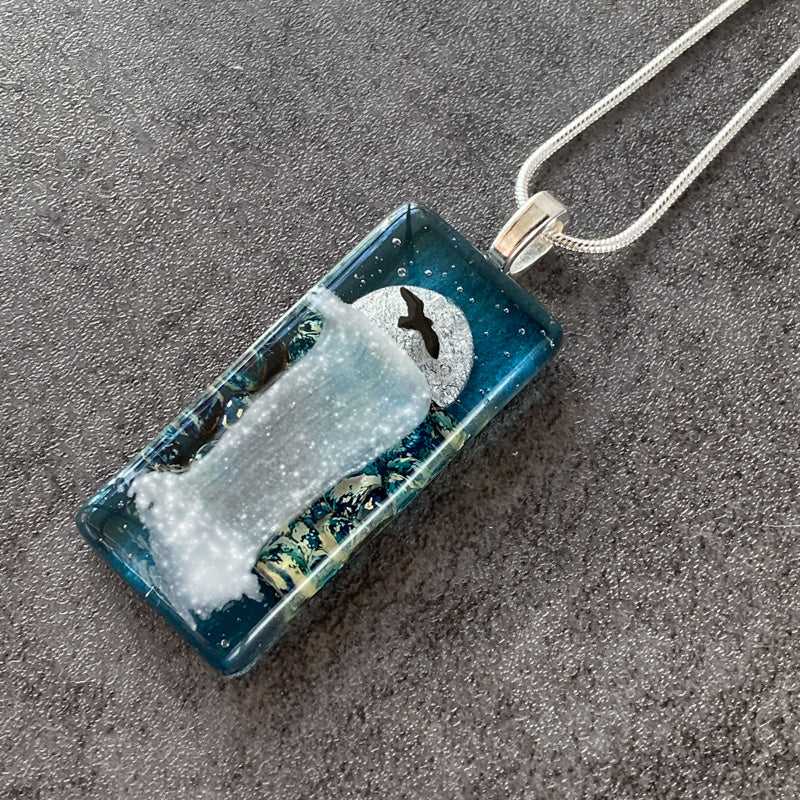 Moon Glow, Moonlit Waterfalls Fused Glass Necklace, aqua blue, silver