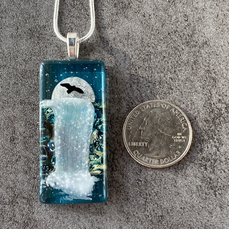 Moon Glow, Moonlit Waterfalls Fused Glass Necklace, aqua blue, silver