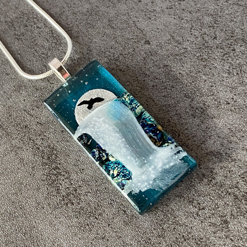 Dancing In The Moonlight, Moonlit Waterfalls Fused Glass Necklace, aqua blue, silver