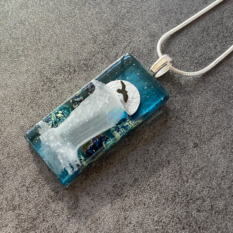 Dancing In The Moonlight, Moonlit Waterfalls Fused Glass Necklace, aqua blue, silver