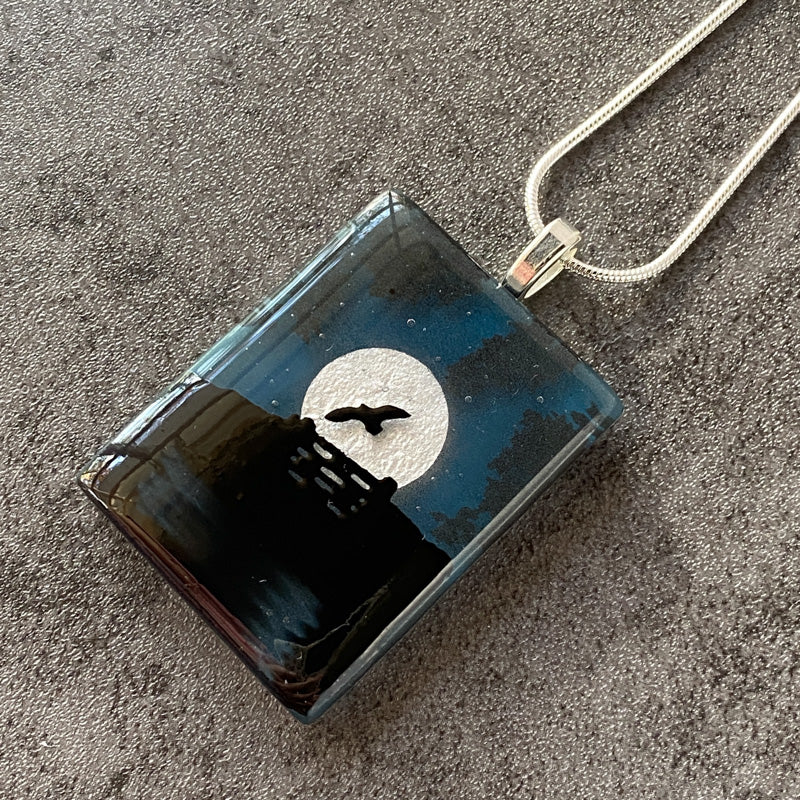 Misty Moonlight, Foggy Moonlit Night, Fused Glass Necklace, aqua blue, silver
