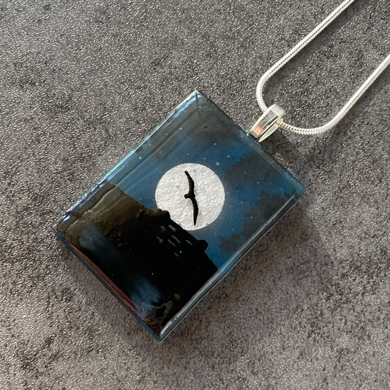 Moonshine, Foggy Moonlit Night, Fused Glass Necklace, aqua blue, silver