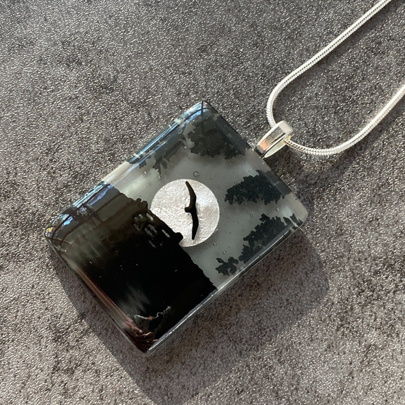 Moon Shadow, Foggy Moonlit Night, Fused Glass Necklace, black, grey, silver