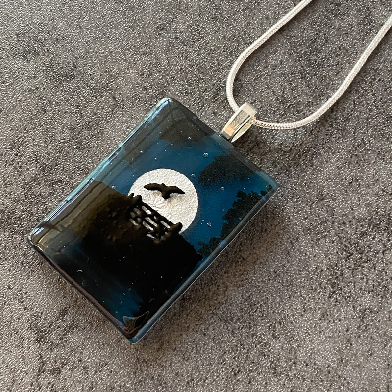 Lunar Haze, Foggy Moonlit Night, Fused Glass Necklace, aqua blue, silver