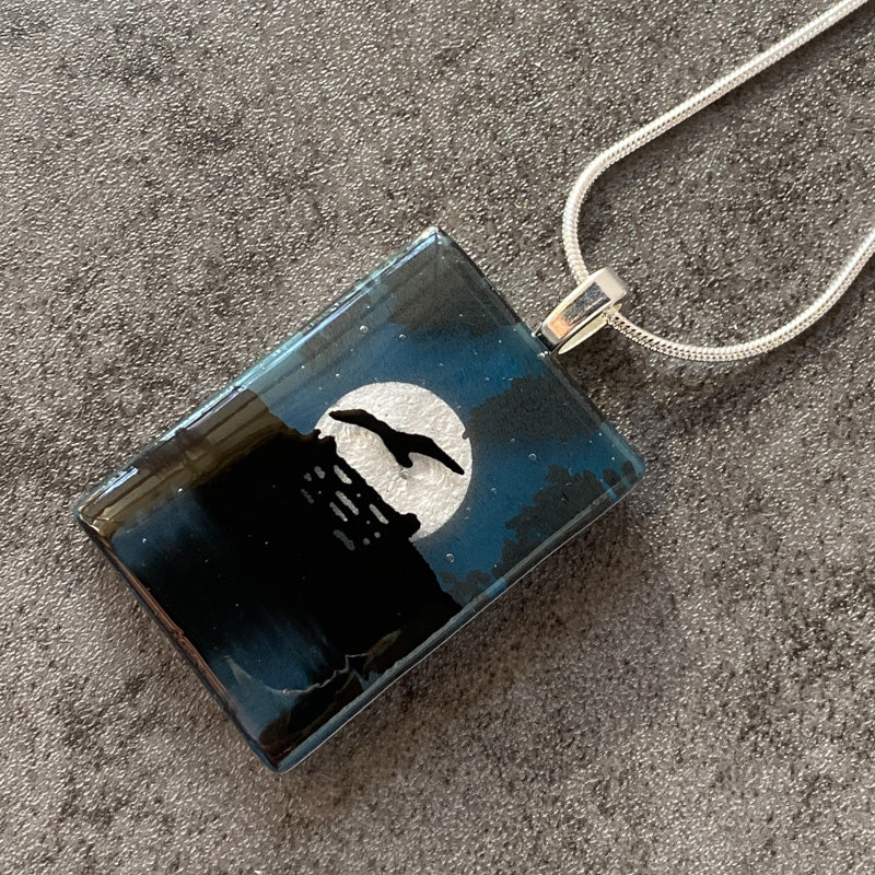 Moonlit Pond, Foggy Moonlit Night, Fused Glass Necklace, aqua blue, silver
