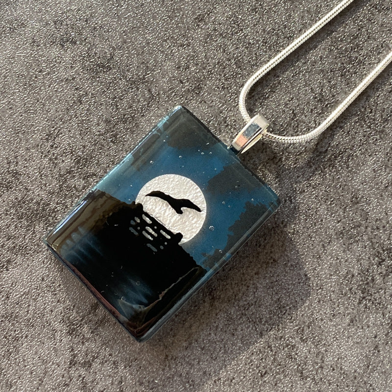 Midnight Glow, Foggy Moonlit Night, Fused Glass Necklace, aqua blue, silver