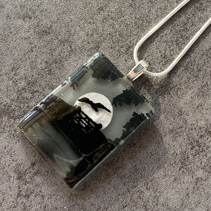 Harvest Moon, Foggy Moonlit Night, Fused Glass Necklace, black, grey, silver