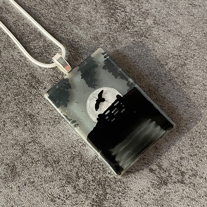 Foggy Night, Foggy Moonlit Night, Fused Glass Necklace, black, grey, silver