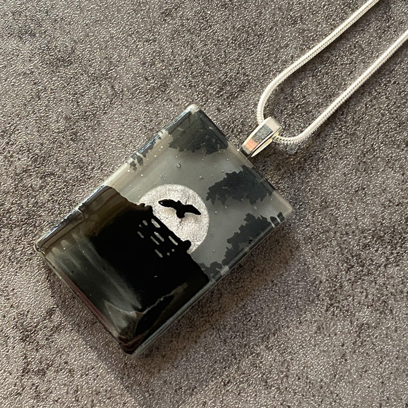 Foggy Night, Foggy Moonlit Night, Fused Glass Necklace, black, grey, silver