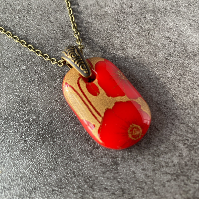Blooming Poppies, Red and 18kt Gold Fused Glass Necklace