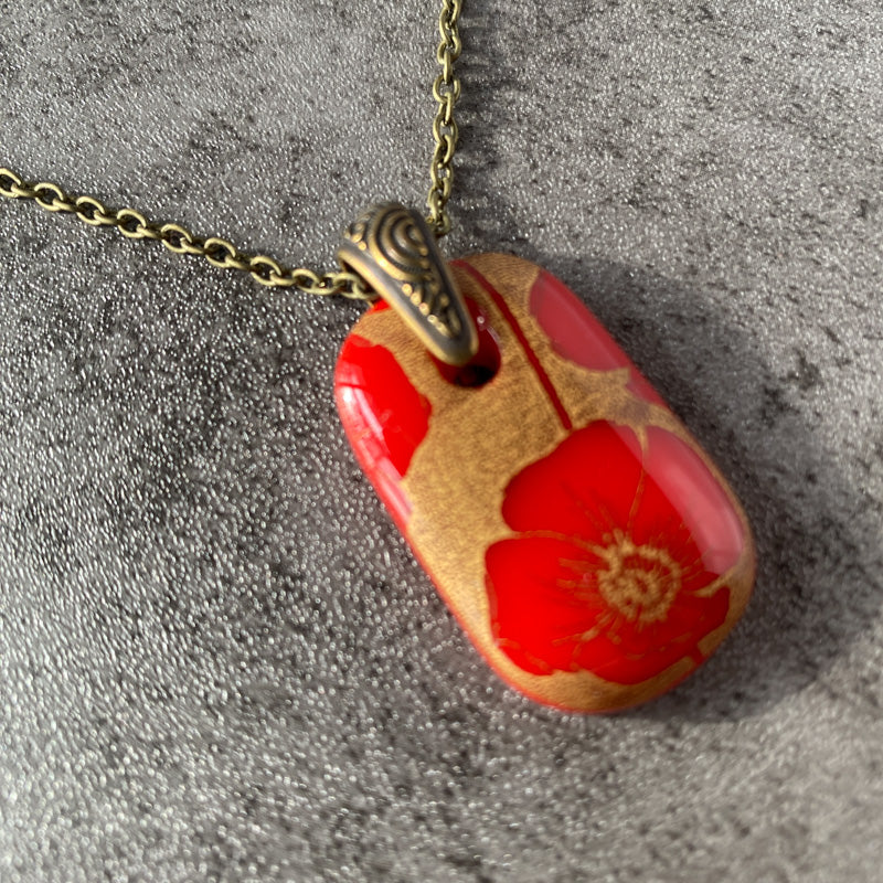 Posh Poppies, Red and 18kt Gold Fused Glass Necklace