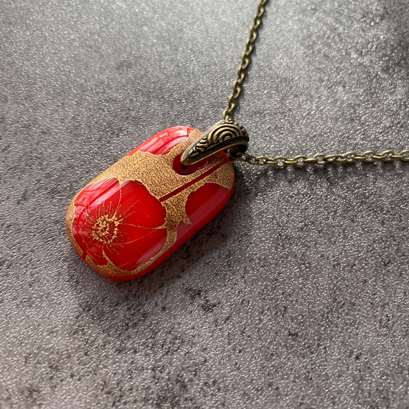 Posh Poppies, Red and 18kt Gold Fused Glass Necklace