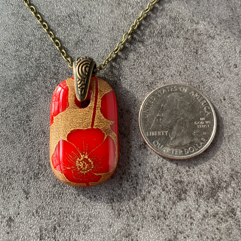 Posh Poppies, Red and 18kt Gold Fused Glass Necklace