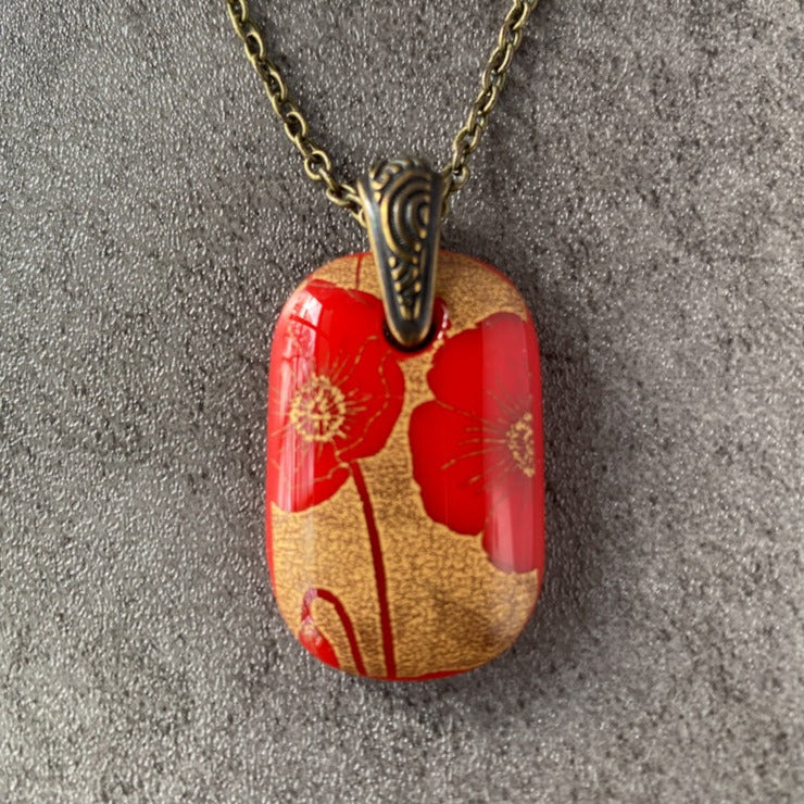 Poppy Pizzazz, Red and 18kt Gold Fused Glass Necklace