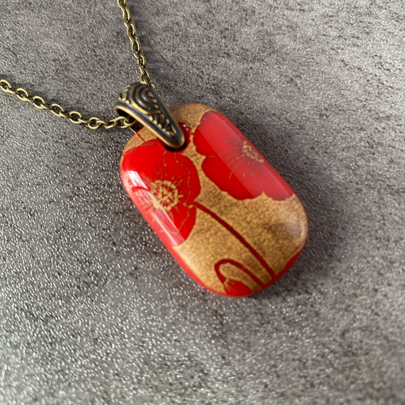 Poppy Pizzazz, Red and 18kt Gold Fused Glass Necklace