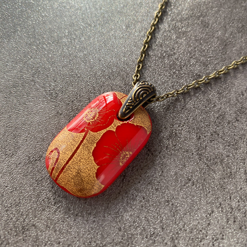 Poppy Pizzazz, Red and 18kt Gold Fused Glass Necklace