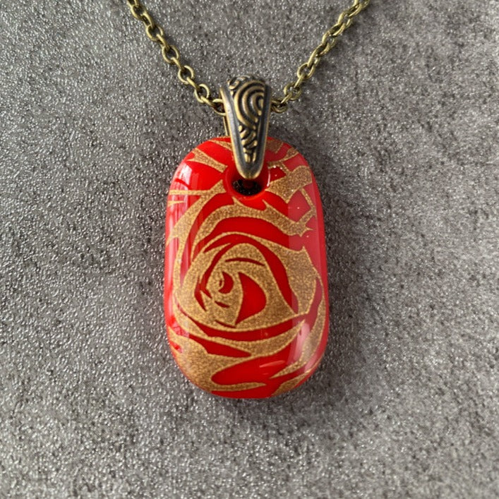 Heirloom Rose, Red and 18kt Gold Fused Glass Necklace