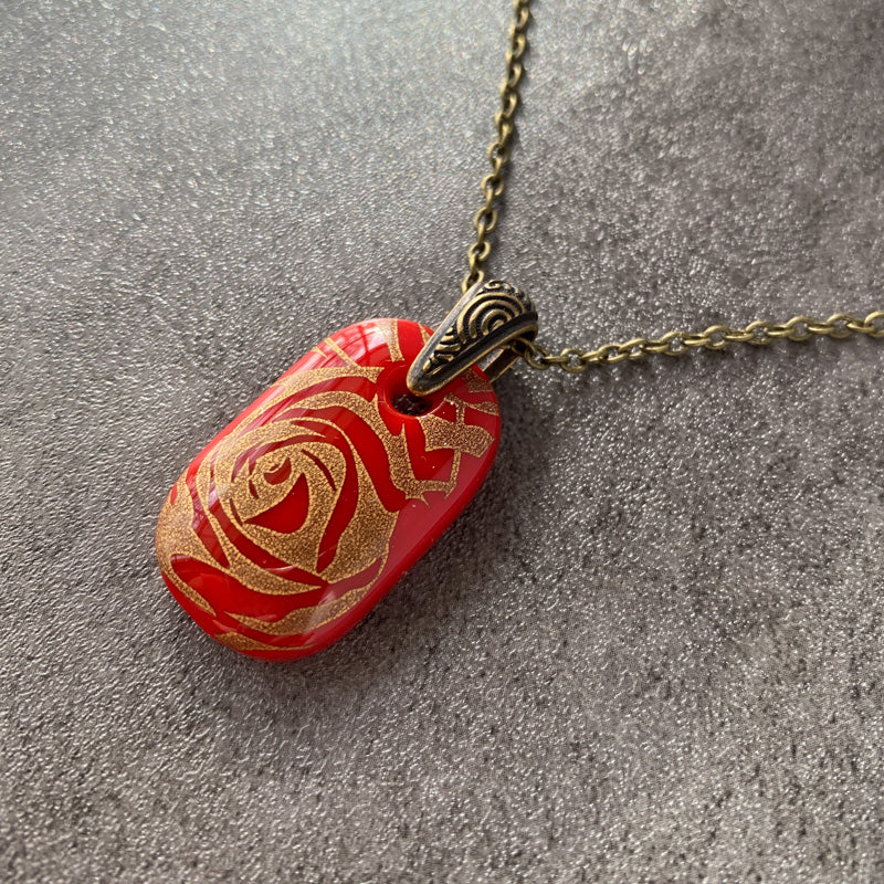 Heirloom Rose, Red and 18kt Gold Fused Glass Necklace