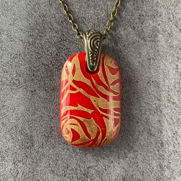 Antique Rose Bud, Red and 18kt Gold Fused Glass Necklace