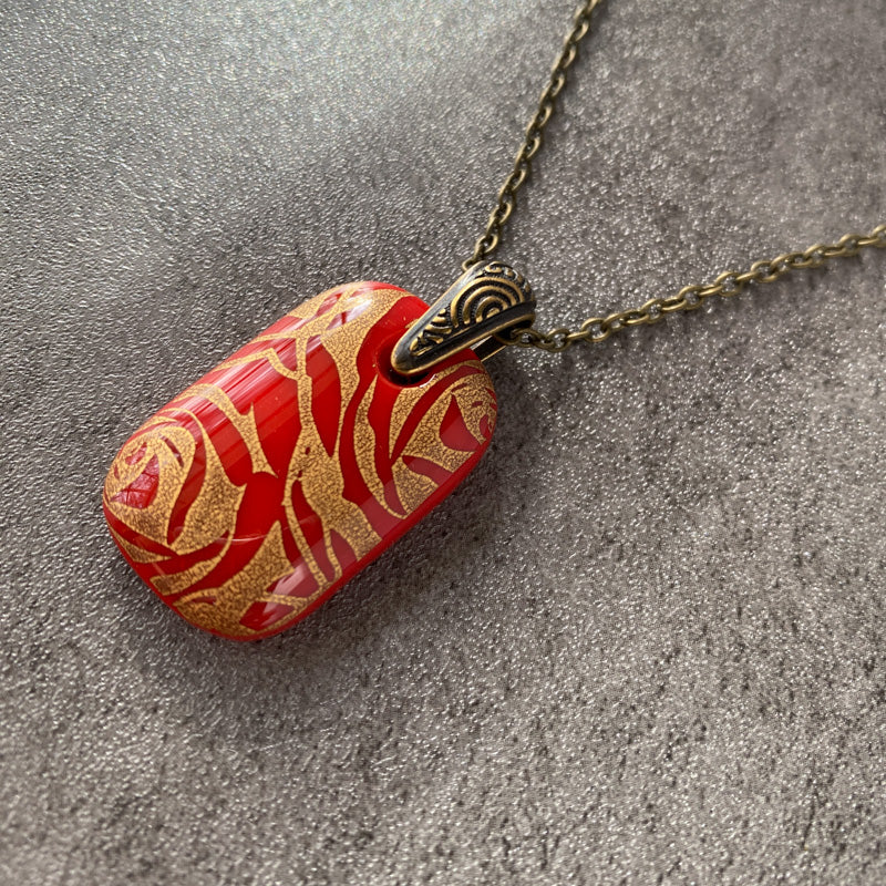Antique Rose Bud, Red and 18kt Gold Fused Glass Necklace