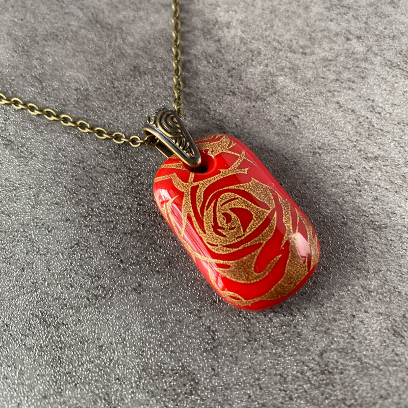 Vintage Rose Petals, Red and 18kt Gold Fused Glass Necklace