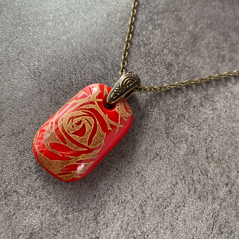 Vintage Rose Petals, Red and 18kt Gold Fused Glass Necklace