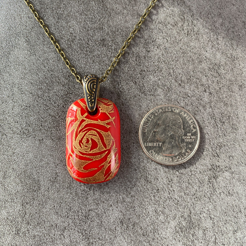 Vintage Rose Petals, Red and 18kt Gold Fused Glass Necklace