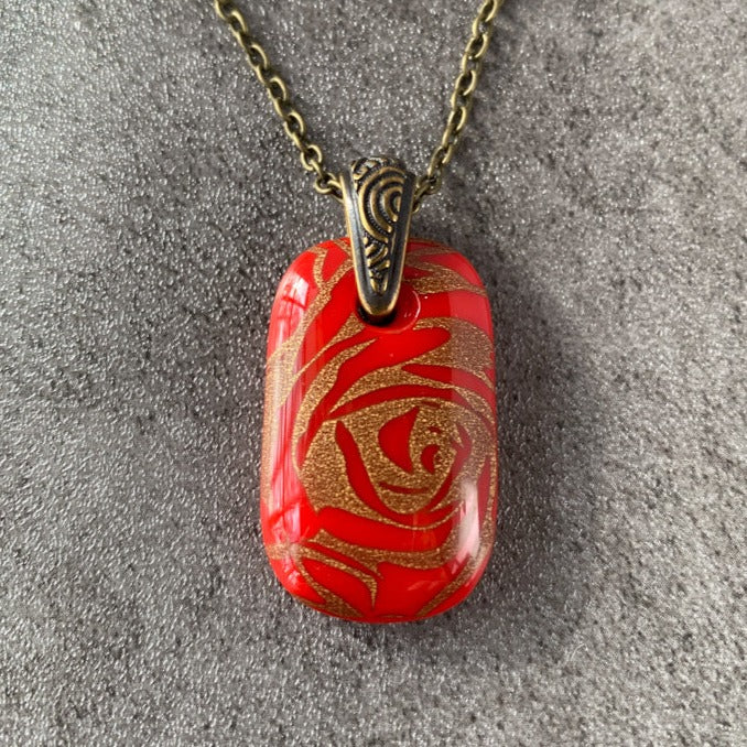 Ageless Velvet Rose, Red and 18kt Gold Fused Glass Necklace