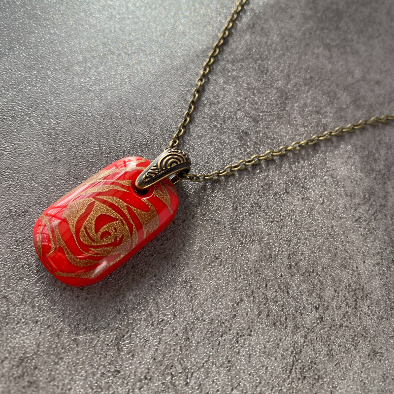 Ageless Velvet Rose, Red and 18kt Gold Fused Glass Necklace
