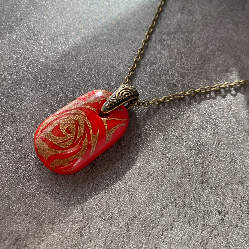 Timeless Rose Bouquet, Red and 18kt Gold Fused Glass Necklace
