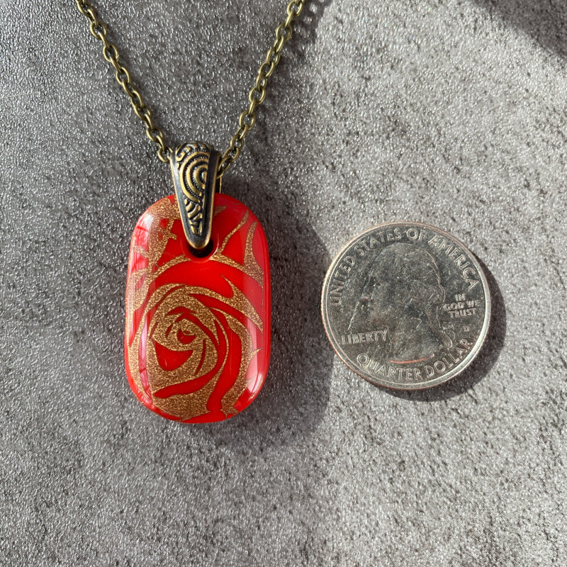 Timeless Rose Bouquet, Red and 18kt Gold Fused Glass Necklace