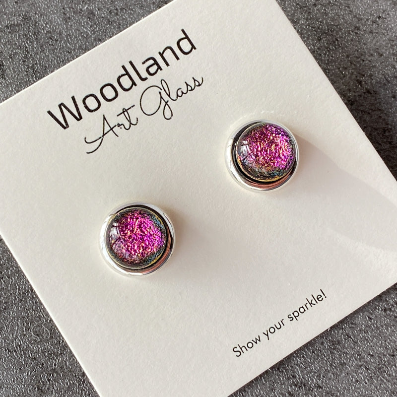 Peony Petal, Pink Dichroic Earrings, Silver