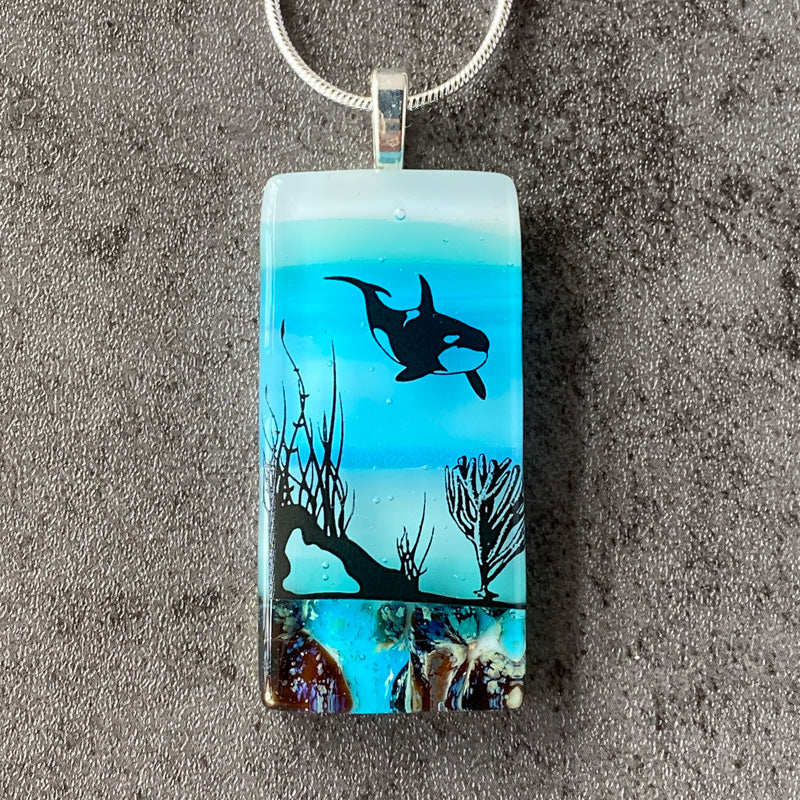 Underwater Wonders, Sand & Sea Fused Glass Necklace, blue and aqua, silver