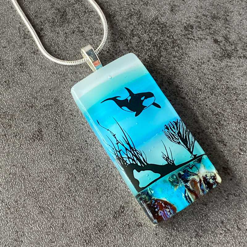 Underwater Wonders, Sand & Sea Fused Glass Necklace, blue and aqua, silver