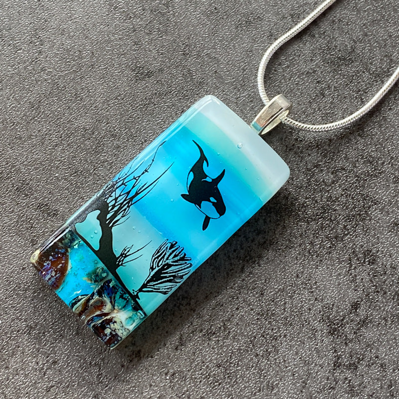 Underwater Wonders, Sand & Sea Fused Glass Necklace, blue and aqua, silver