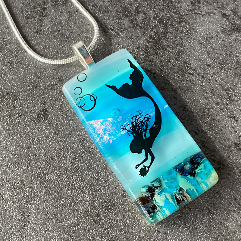 Mermaid Cove, Sand & Sea Fused Glass Necklace, blue and aqua, silver