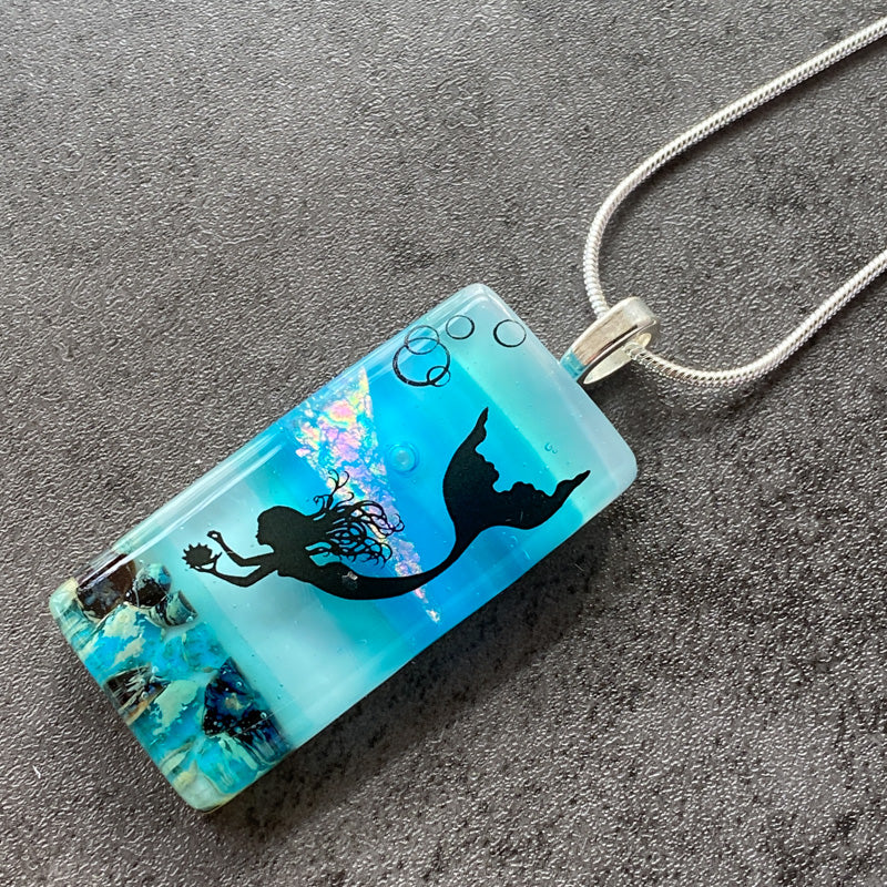 Mermaid Cove, Sand & Sea Fused Glass Necklace, blue and aqua, silver