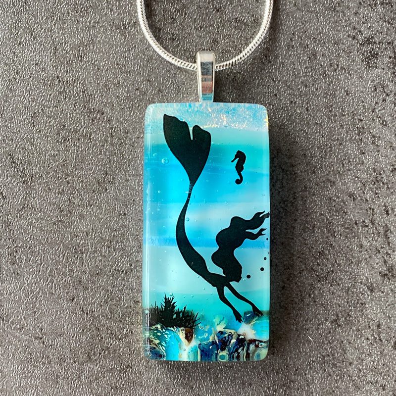 Mermaid Mystique, Sand & Sea Fused Glass Necklace, blue and aqua, silver