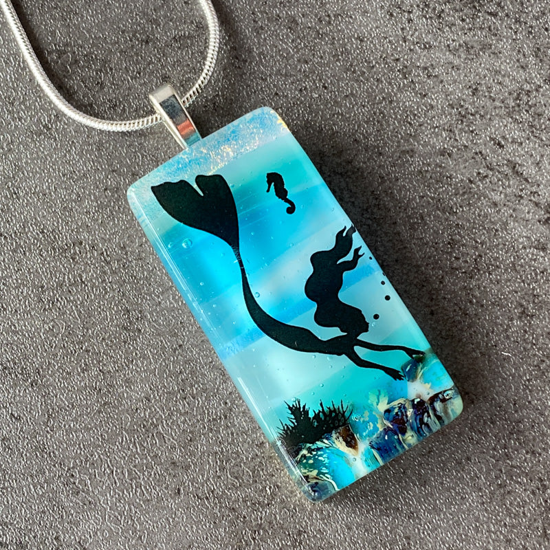 Mermaid Mystique, Sand & Sea Fused Glass Necklace, blue and aqua, silver
