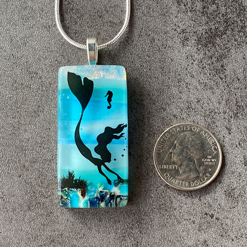 Mermaid Mystique, Sand & Sea Fused Glass Necklace, blue and aqua, silver